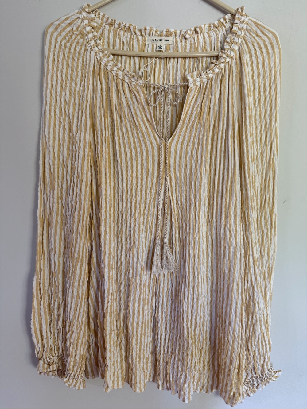 NWT Max Studio Cream and Yellow Striped Boho Peasant Top L Large
